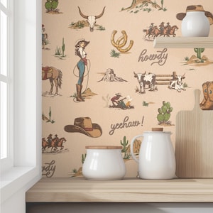 Vintage Americana Western Wallpaper HALF DROP (LARGE) | Rustic Cowboy, Horses and Desert Icons | Peel & Stick and Pre-Pasted Wallpaper