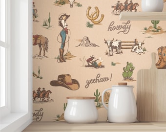 May include: A tan background with a repeating pattern of cowboy and cowgirl imagery. The pattern includes cowboys on horses, cowgirls, horseshoes, cacti, and the words "howdy" and "yeehaw!"