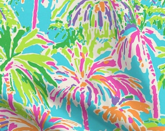 Preppy Palm Tree Tropical Fabric | Bright Island Beach Textile | Cotton, Linen Canvas Fabrics - Swatch, Fat Quarters and Fabric By the Yard