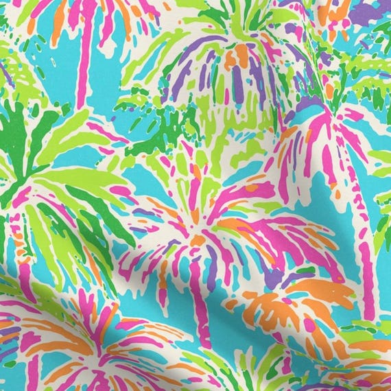 Preppy Palm Tree Tropical Fabric | Bright Island Beach Textile | Cotton, Linen Canvas Fabrics - Swatch, Fat Quarters and Fabric By the Yard