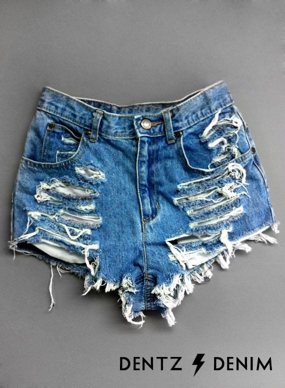 High Waisted Jean Shorts Shredded Blue 