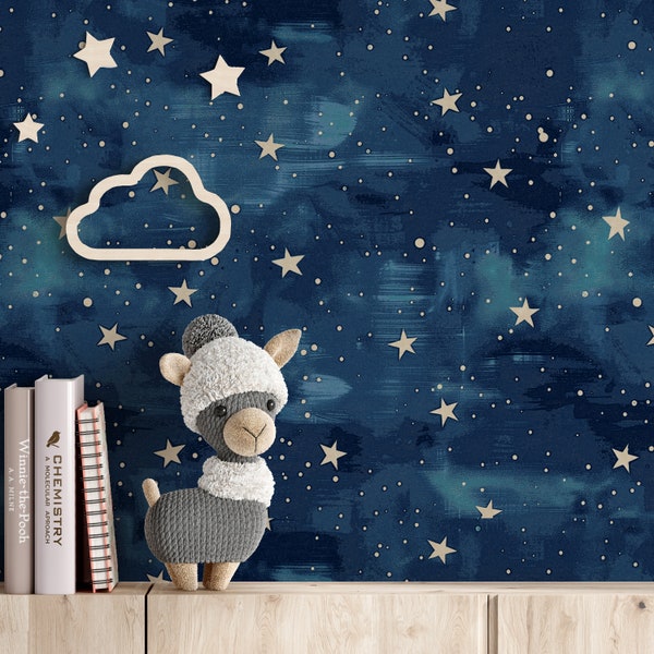 Nursery Wallpaper - Starry Sky Pattern, Peel & Stick | Blue