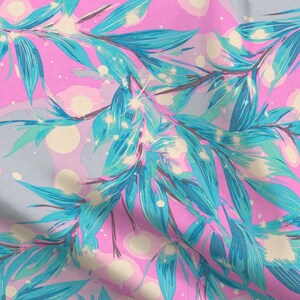 May include: A vibrant textile featuring a botanical design. The pattern showcases stylized teal and turquoise leaves against a pink backdrop, with soft white circular accents. The leaves have a watercolor effect, creating a dreamy, artistic feel.