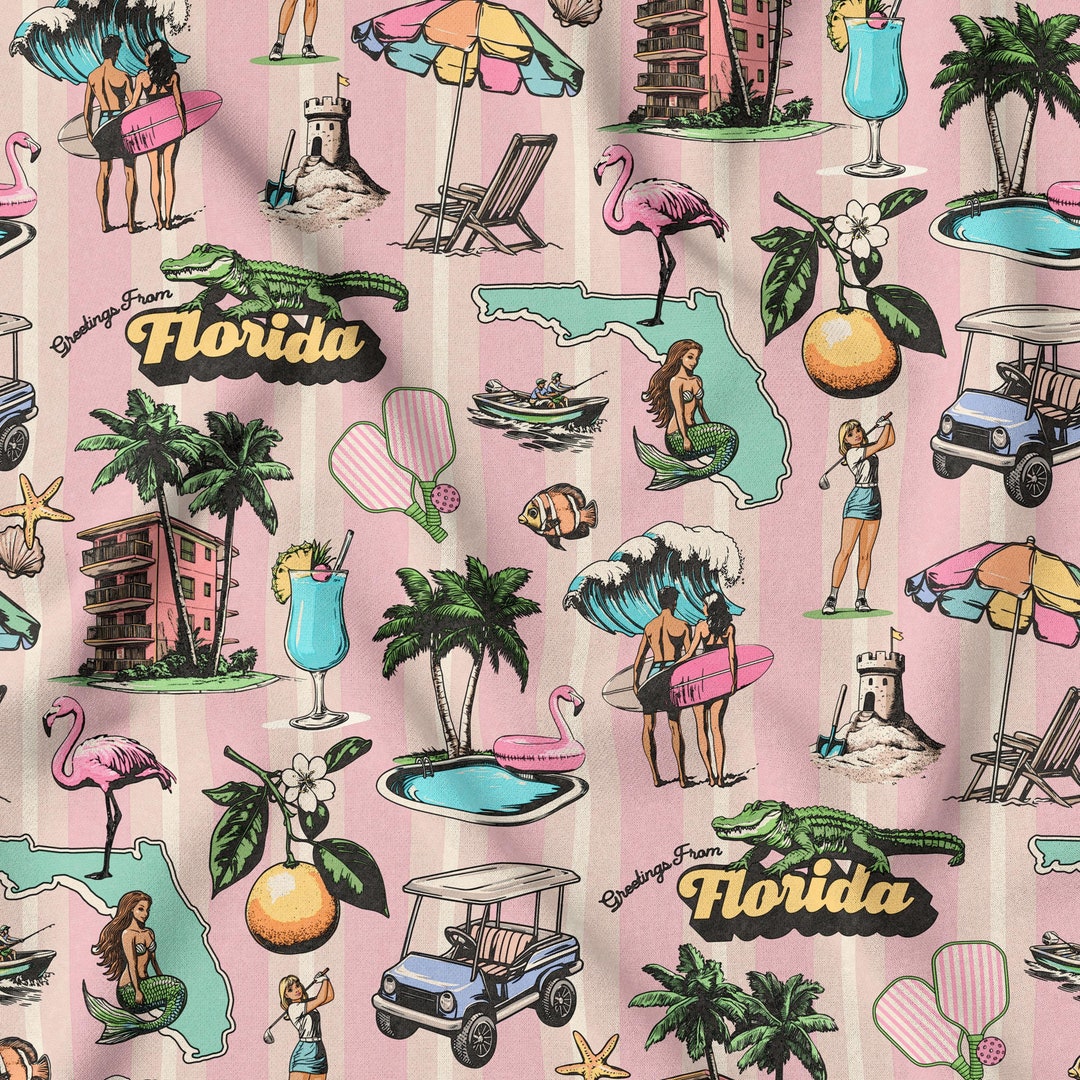 Retro Florida Fabric | Pink Striped Cotton Linen, Coastal Decor - Etsy