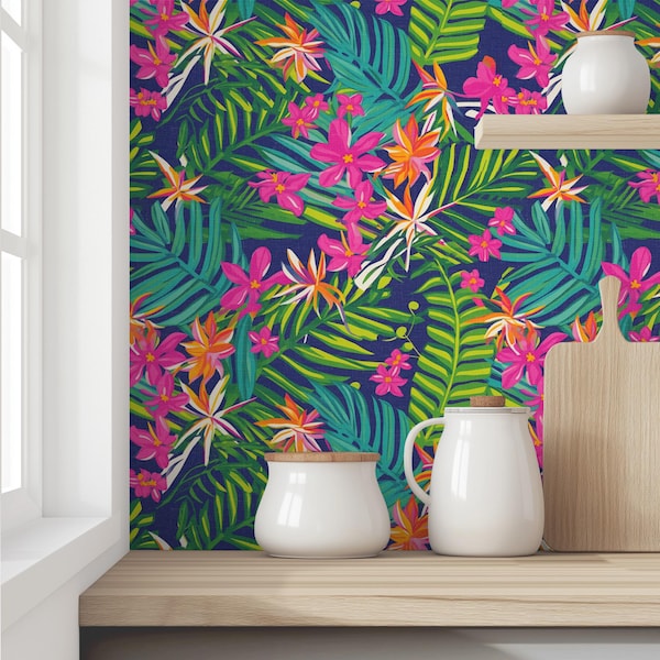 Navy Hibiscus Palm Wallpaper - Tropical Jungle Floral Print - Peel & Stick, Pre-Pasted, and Non-Pasted