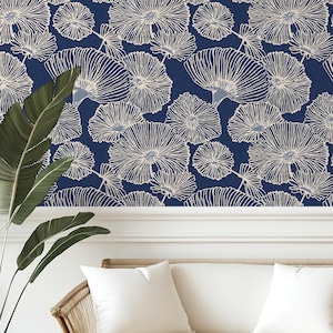 Abstract Bloom Wallpaper | Navy Blue Floral Design | Art Deco Elegance | Peel & Stick and Pre-Pasted