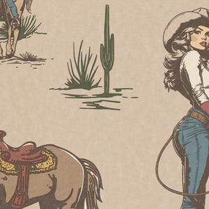 May include: A vintage illustration of a woman wearing a cowboy hat and jeans, holding a lasso. She is standing in a desert landscape with a cactus and a horse in the background.