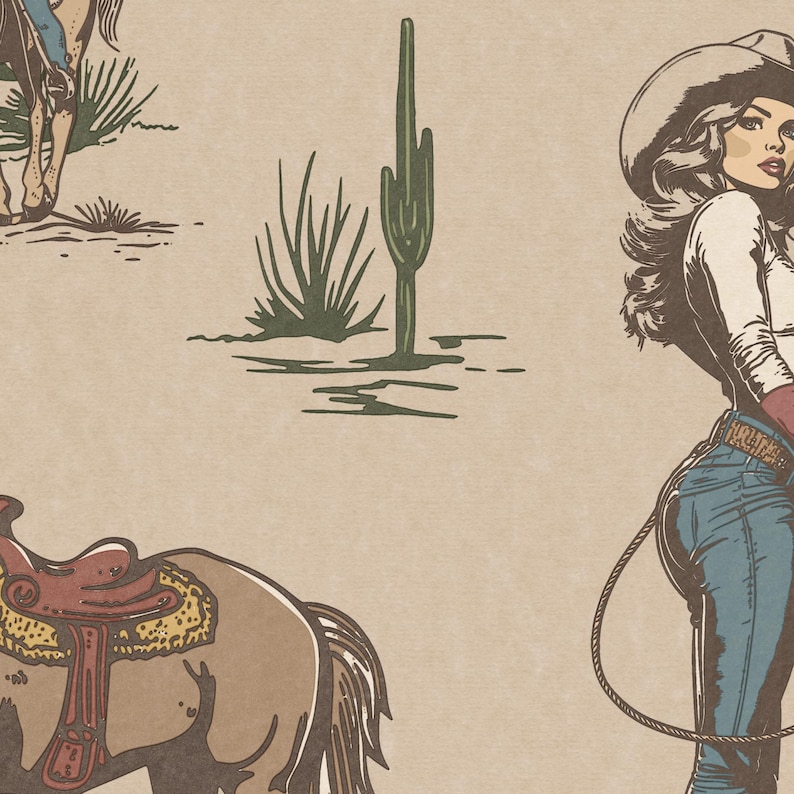 May include: A vintage illustration of a woman wearing a cowboy hat and jeans, holding a lasso. She is standing in a desert landscape with a cactus and a horse in the background.