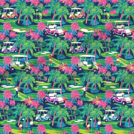 Golf Carts & Golfers Preppy Fabric - Tropical Coastal Home Decore - Swatch, Fat Quarters, and Fabric by the Yard
