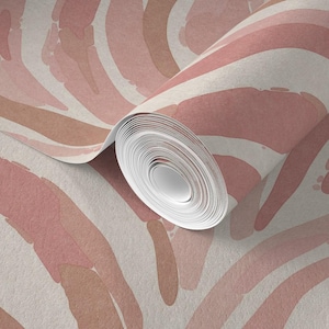 May include: A roll of wallpaper with a pink and brown abstract pattern. The wallpaper has a watercolor-like effect and features a repeating pattern of curved lines.