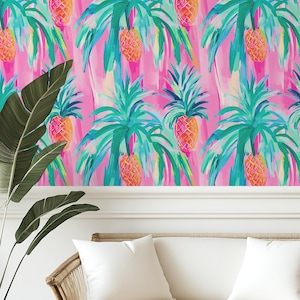 Tropical Pineapple Wallpaper - Pink and Orange - Peel & Stick, Pre-Pasted, and Non-Pasted