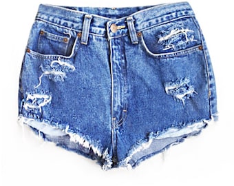 High Waisted Blue Denim Shorts - Lightly Shredded - Blue Jean Shorts - Plus thru Petite Size