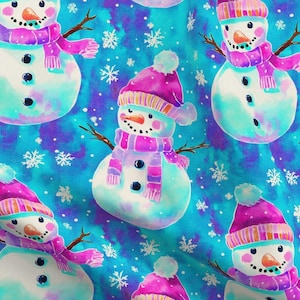 May include: A seamless pattern featuring watercolor illustrations of snowmen wearing pink and purple hats and scarves against a blue background with white snowflakes.