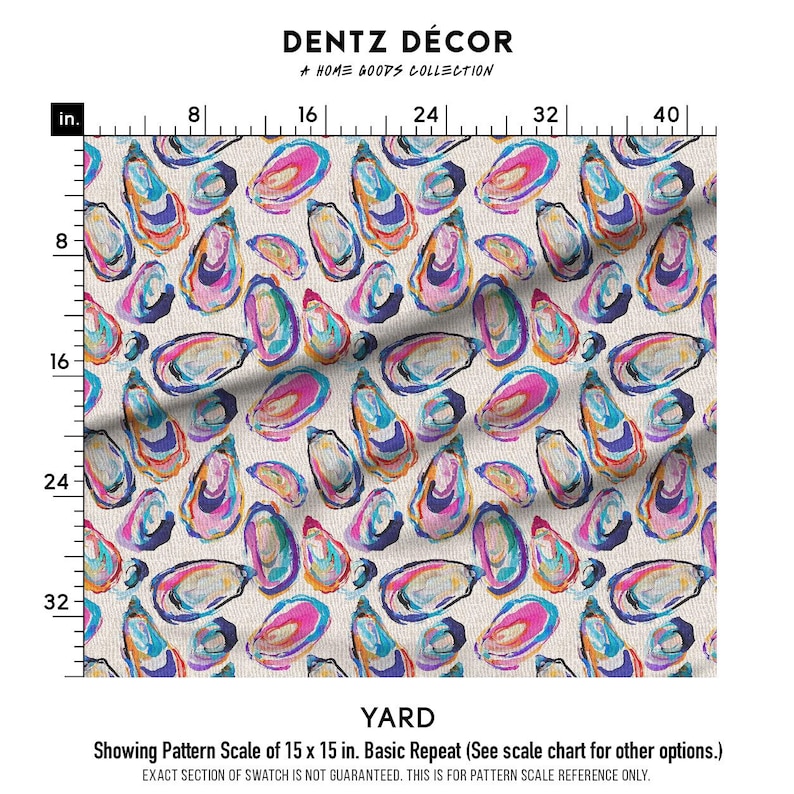 May include: Fabric yardage with a repeating pattern of colorful oyster shell illustrations in shades of blue, pink, and yellow on a cream background. The text "DENTZ D&Eacute;COR" and "A HOME GOODS COLLECTION" are at the top. The pattern scale is 15 x 15 inches.