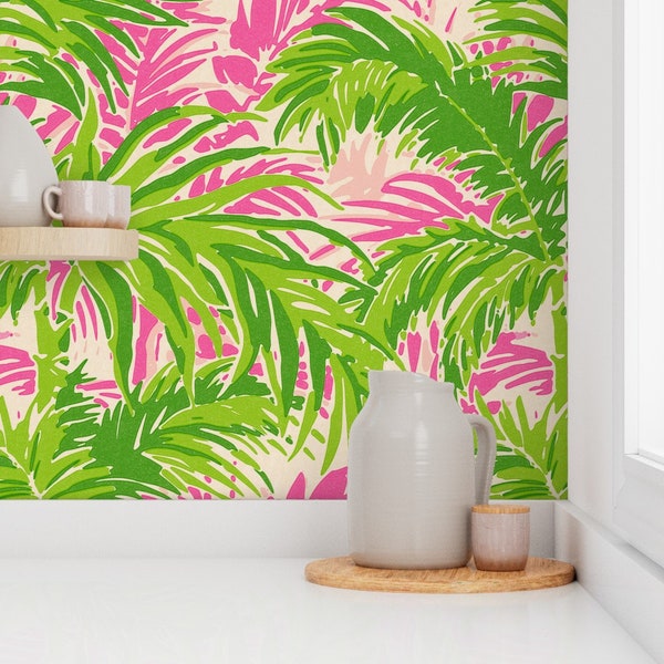 Green Lime and Pink Palms Wallpaper | Tropical Leaves | Vibrant Beach Island House Decor | Peel & Stick and Pre-Pasted Wallpaper