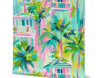 Beach House Bungalows Wallpaper | Tropical Colors | Key West Style Decor | Peel & Stick and Pre-Pasted