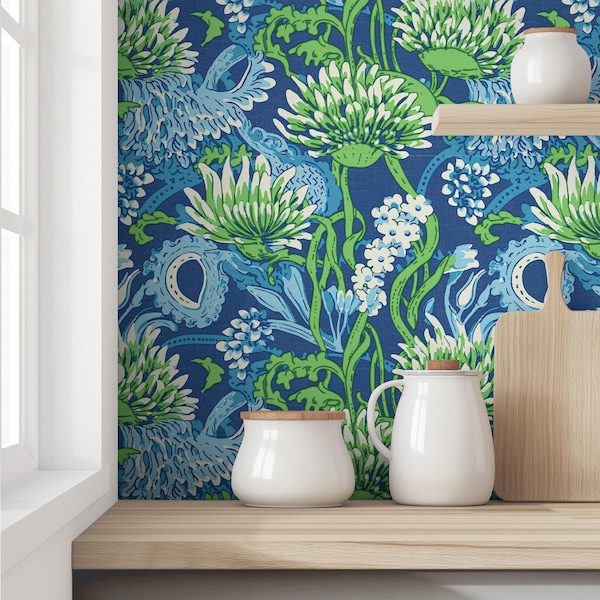 Preppy Floral Botanical Wallpaper | Blue and Green Tropical Design | Southern Inspired Decor | Peel & Stick and Pre-Pasted