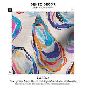 May include: Fabric swatch featuring a watercolor pattern of oyster shells in shades of blue, orange, pink, and purple. The design is set against a neutral background. The text "DENTZ D&Eacute;COR" and "SWATCH" are visible.