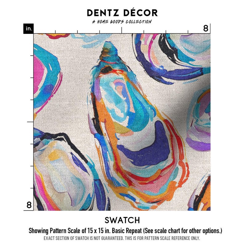 May include: Fabric swatch featuring a watercolor pattern of oyster shells in shades of blue, orange, pink, and purple. The design is set against a neutral background. The text "DENTZ D&Eacute;COR" and "SWATCH" are visible.