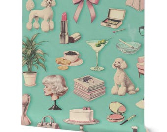 May include: Wallpaper featuring a repeating pattern of vintage-style illustrations on a teal background. The design includes a white poodle, lipstick, a martini, a cake, a bow, and other retro items. The overall theme is a retro, mid-century modern aesthetic.