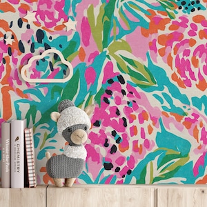 Southern Charm Tropical Animal Print Wallpaper Bold Pink Teal Orange Green Floral Jungle Boho Style – Peel & Stick, Pre-Pasted, Non-Pasted