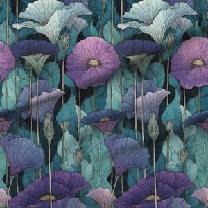 Art Nouveau Botanical Purple Teal Blue Floral Fabric – Large Scale Vintage Print, Swatches, Fat Quarters & Fabric by the Yard