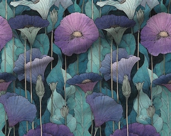 Art Nouveau Botanical Purple Teal Blue Floral Fabric – Large Scale Vintage Print, Swatches, Fat Quarters & Fabric by the Yard