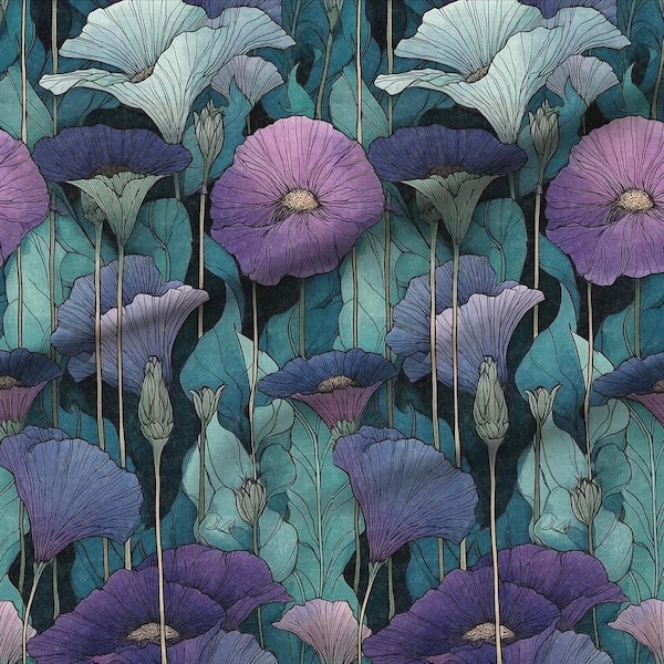 Art Nouveau Botanical Purple Teal Blue Floral Fabric – Large Scale Vintage Print, Swatches, Fat Quarters & Fabric by the Yard