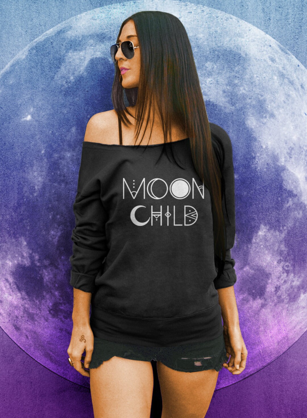 Moon Child Bohemian Font Slouchy Sweatshirt off the Shoulder - Etsy