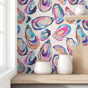 Colorful Oyster Shell Preppy Wallpaper | Coastal Decor | Peel & Stick, Pre-Pasted, or Unpasted