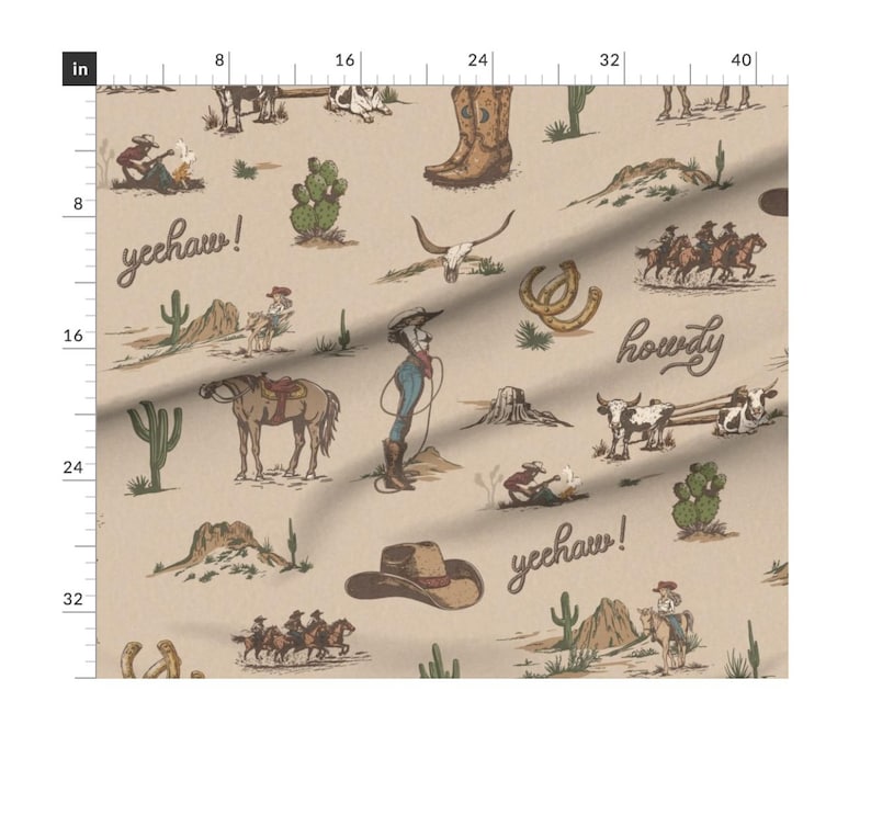 May include: A beige fabric with a repeating pattern of cowboy-themed illustrations. The pattern includes cowboys, horses, cacti, horseshoes, and the words "yechaw!" and "howdy".