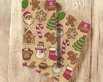 Christmas Cookie Waffle Dish Towel Gingerbread & Cocoa Holiday Print | Microfiber Hand Towel with Kraft Paper Look