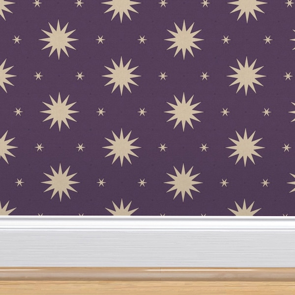 Purple Celestial Wallpaper | Stars and Sunburst Pattern | Purple and Natural Textured Decor | Peel & Stick and Pre-Pasted Wallpaper
