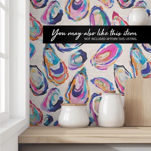 May include: A kitchen scene featuring a light-colored wooden countertop with white ceramic jars and a wooden cutting board. The background is a wallpaper with a colorful oyster design in shades of blue, pink, and orange. Text on the wallpaper reads: "You may also like this item."