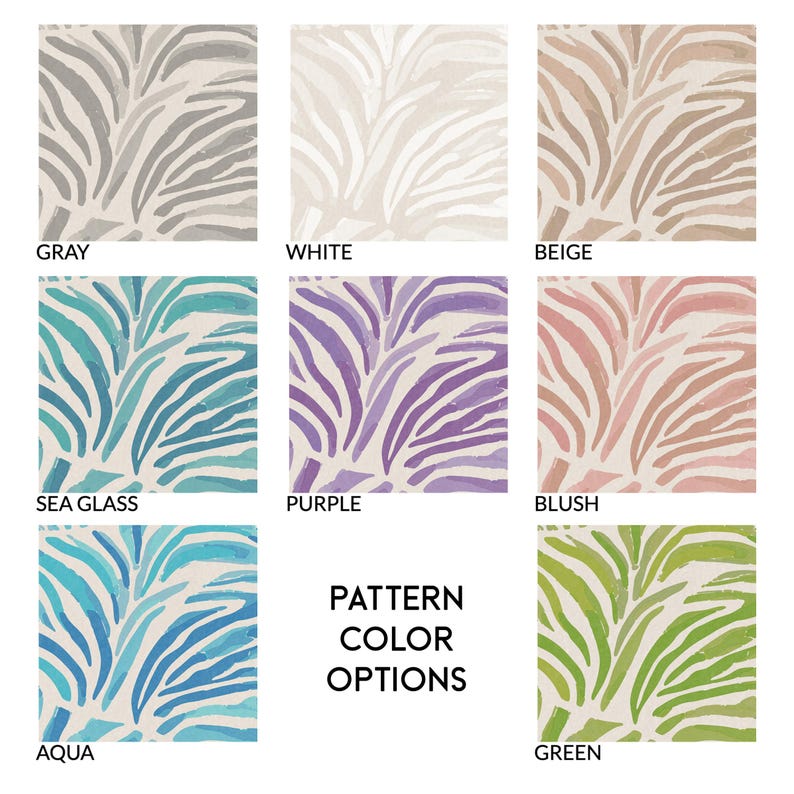 May include: A chart showing different color options for a zebra print pattern. The colors include gray, white, beige, sea glass, purple, blush, aqua, and green.