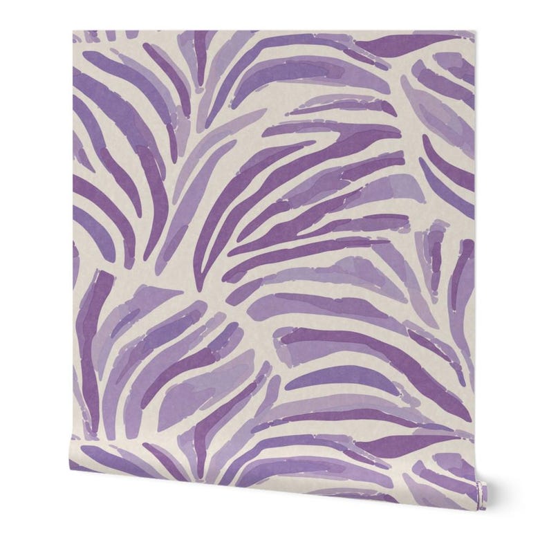 May include: Purple and white zebra print wallpaper with a watercolor effect.