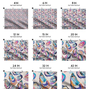 May include: Fabric samples with oyster shell pattern repeats at 4, 6, 8, 12, 15, 20, 24, 32, and 42 inches. The shells are in shades of blue, purple, pink, and yellow on a neutral background. The text "DENTZ D&Eacute;COR" is at the top.