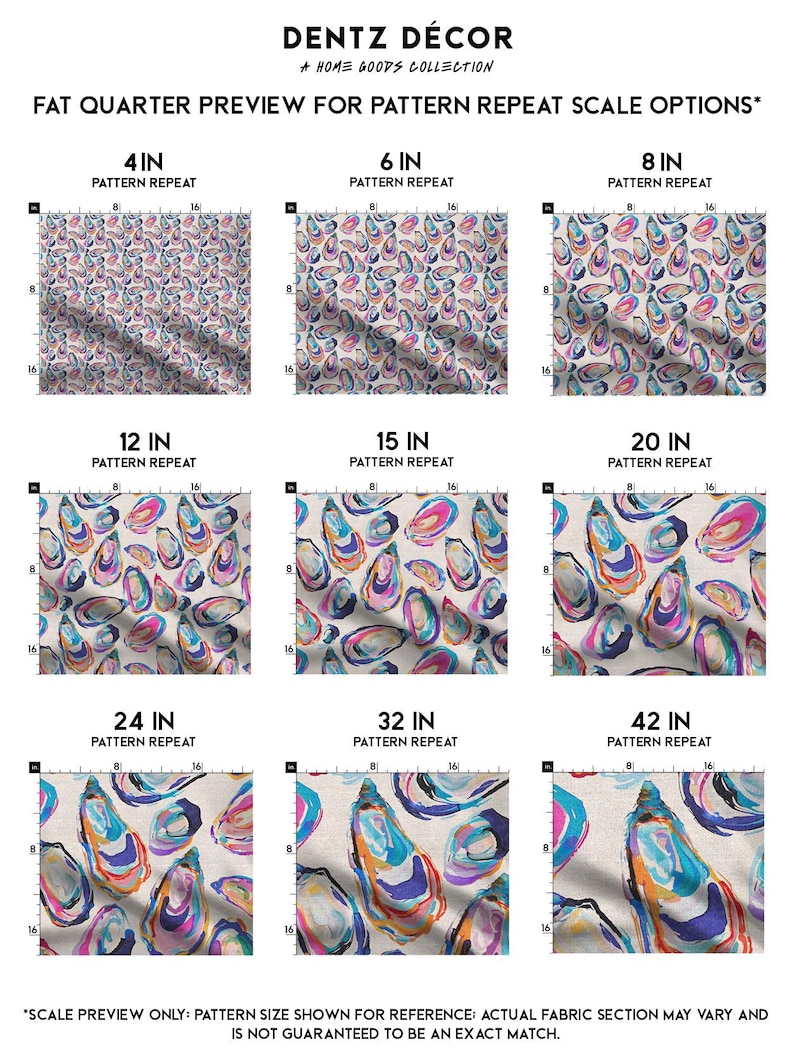 May include: Fabric samples with oyster shell pattern repeats at 4, 6, 8, 12, 15, 20, 24, 32, and 42 inches. The shells are in shades of blue, purple, pink, and yellow on a neutral background. The text "DENTZ D&Eacute;COR" is at the top.