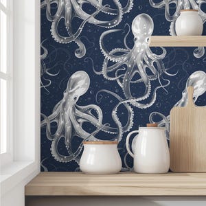 Vintage Octopus Nautical Wallpaper | Navy Blue Sea Creature Pattern | Coastal Home Decor | Peel & Stick and Pre-Pasted