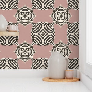 Exotic Black and White with Muted mauve Striped Geometric Wallpaper | Vintage Pink Accents | Peel & Stick and Pre-Pasted