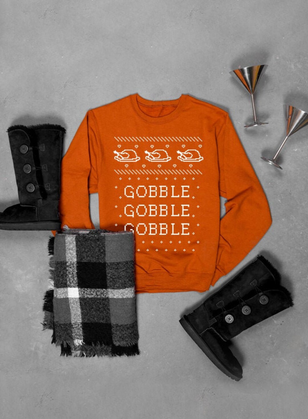 Gobble Gobble, Thanksgiving Sweater, Crew Neck Sweatshirt, His and Hers Holiday Sweaters, Turkey, Adult Unisex, Ugly Christmas Sweater