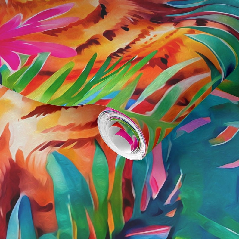 May include: A colorful abstract pattern of tropical leaves and flowers in shades of green, blue, pink, orange, and yellow. The pattern is printed on a roll of wallpaper.