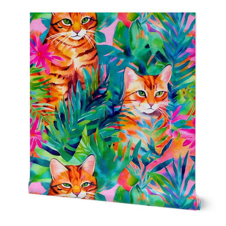 May include: A seamless pattern featuring three orange tabby cats peeking out from behind lush green tropical leaves and pink flowers. The cats have green eyes and are depicted in a watercolor style.