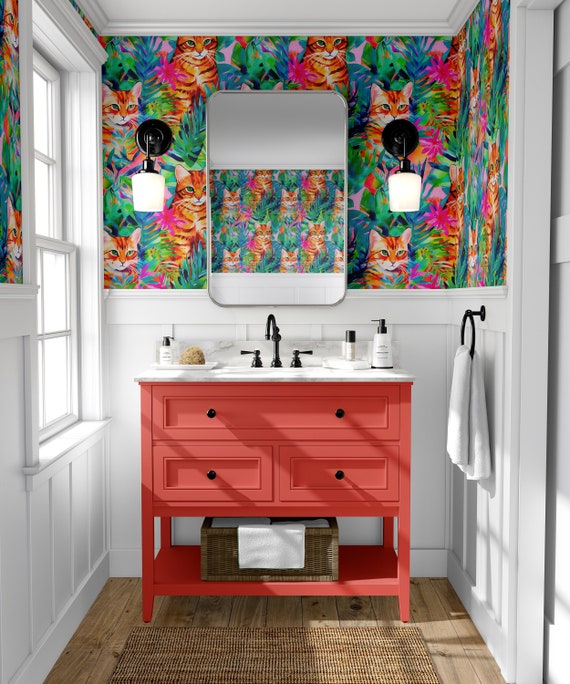 Tropical Orange Tabby Cat Wallpaper | Vibrant Peel and Stick Decor