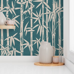Teal Bamboo Linen Look Wallpaper | Boho Coastal Peel & Stick