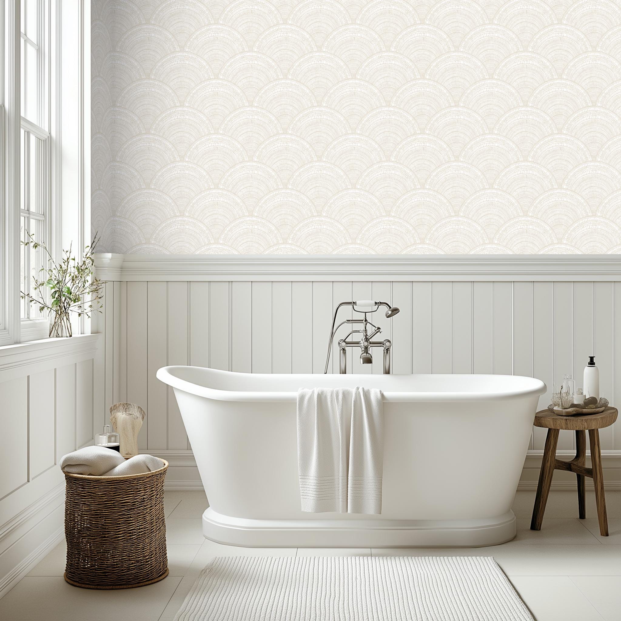 Natural Bohemian Scallop Shell Wallpaper | Blue Coastal Pattern | Peel ...