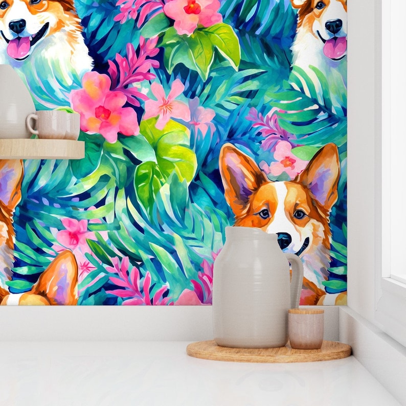 May include: A colorful wallpaper featuring a repeating pattern of cartoon corgis and tropical flowers and leaves. The wallpaper is displayed on a white wall in a kitchen setting.
