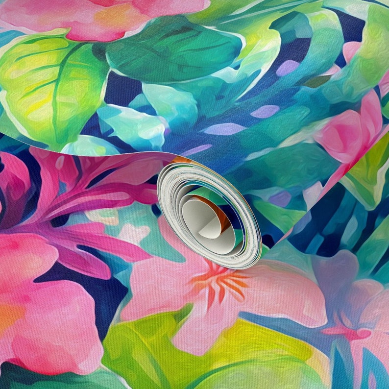 May include: A roll of wallpaper with a tropical print featuring pink flowers, green leaves, and a blue background.