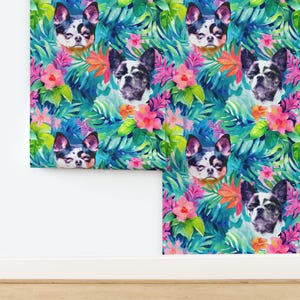 May include: A seamless pattern featuring a black and white chihuahua dog with blue, green, and pink tropical leaves and flowers.