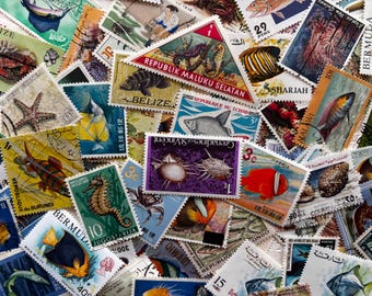 Fish - Lot of Worldwide Postage Stamps With Sea Life For Collections, Art Projects, Paper Crafts, Card Making, Jewelry, Decoupage and More
